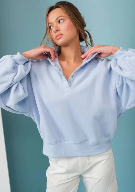 Papermoon Sky Blue Piper Snap Button Collared Sweatshirt