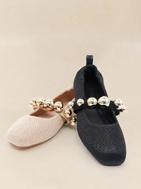 Black Raffia Ballet Flats with Gold Embellishments
