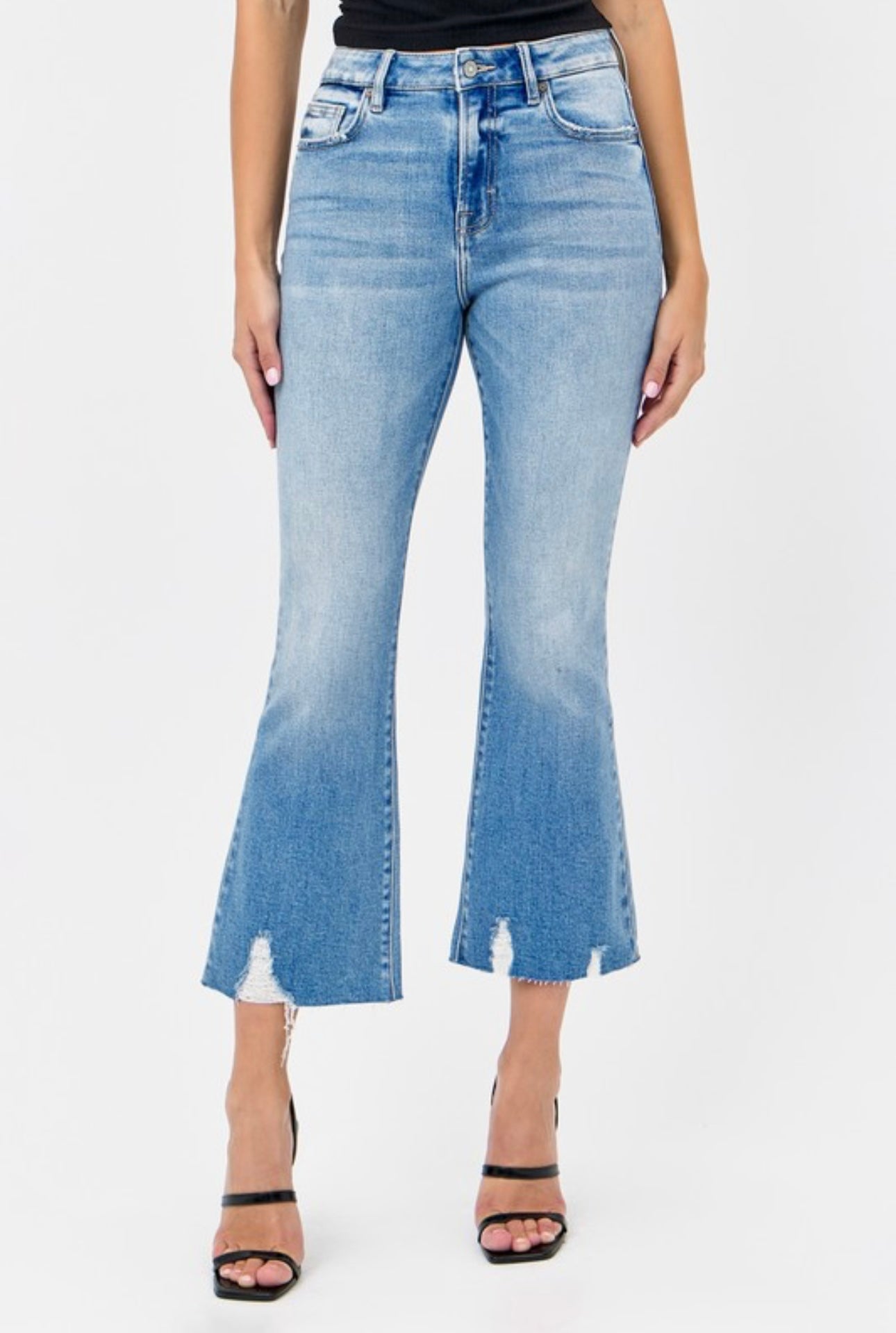 Hidden Grinded Hem Cropped Flare Medium Wash