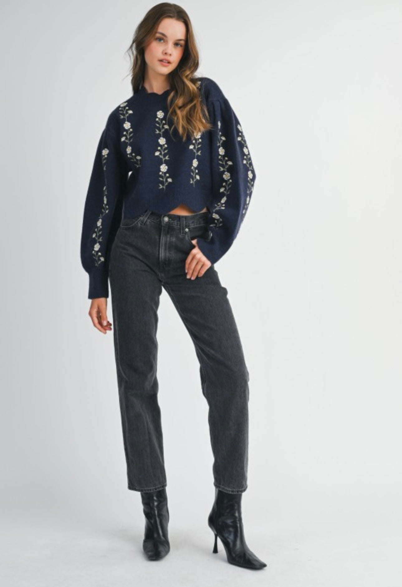 Southern Charm Embroidered Knit Sweater Navy