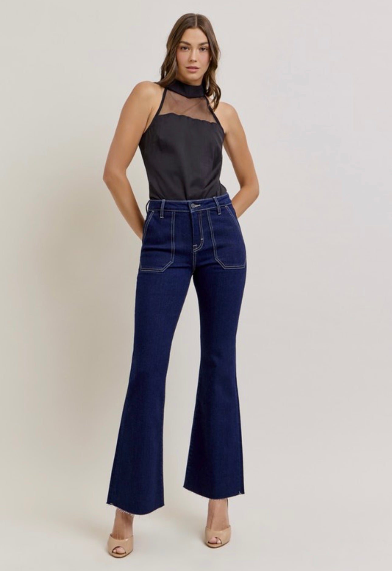 Hidden Utility Flare Jean With Patch Pockets