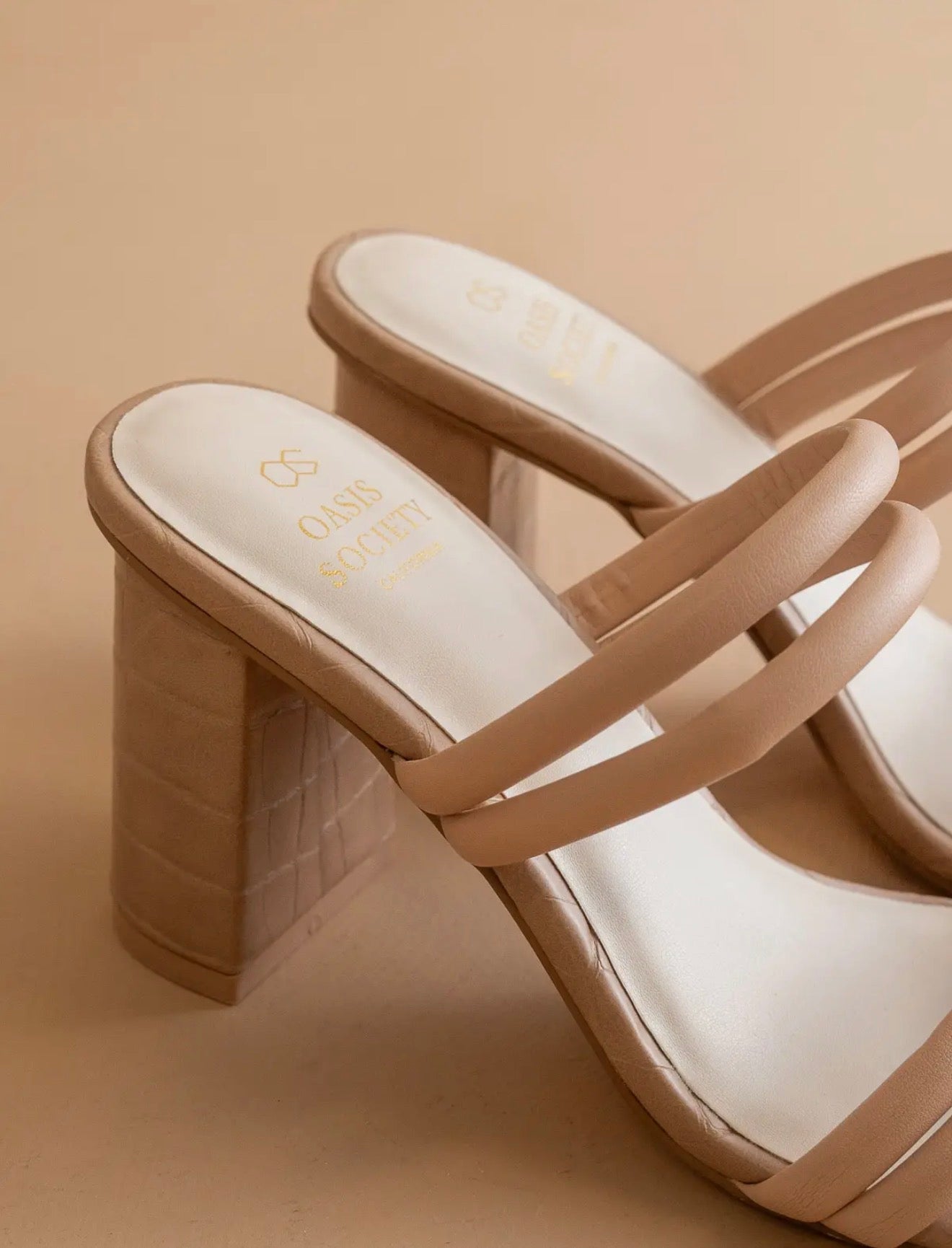 The Angela Nude Strappy Alligator Block Heels