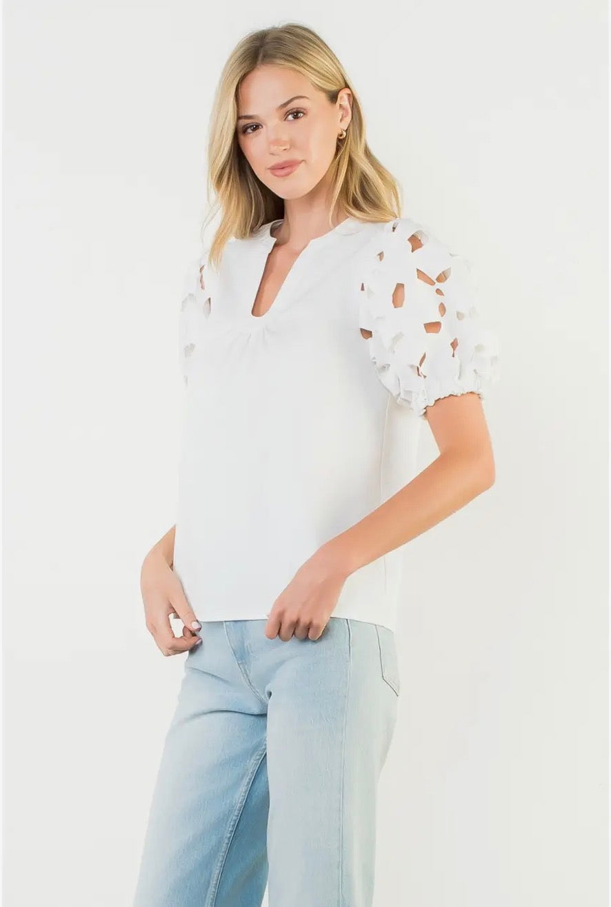 Seaside Chic Eyelet Puff Sleeve Blouse~THML
