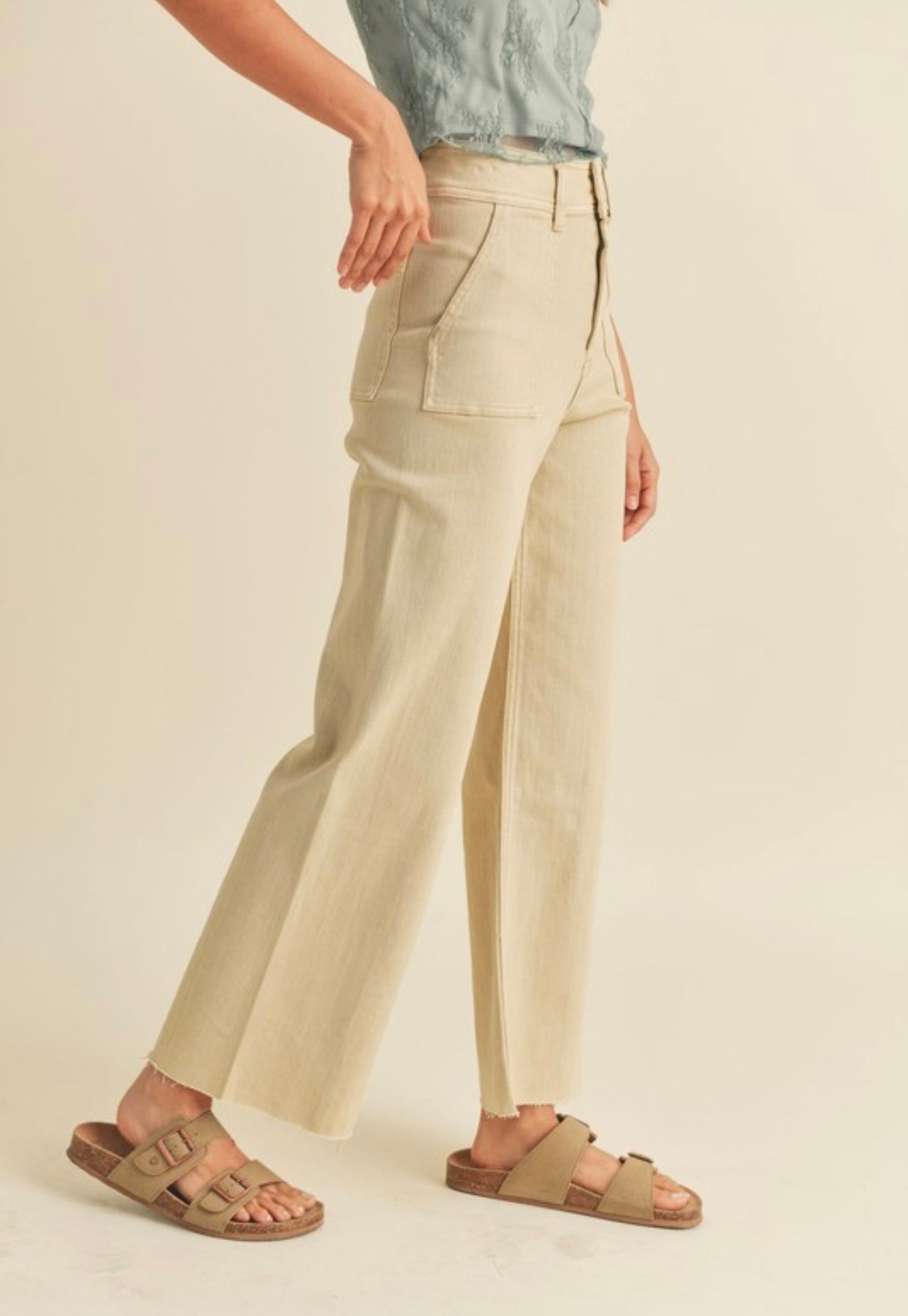 Beige Front Pocket Wide Legged Pants- Miou Muse
