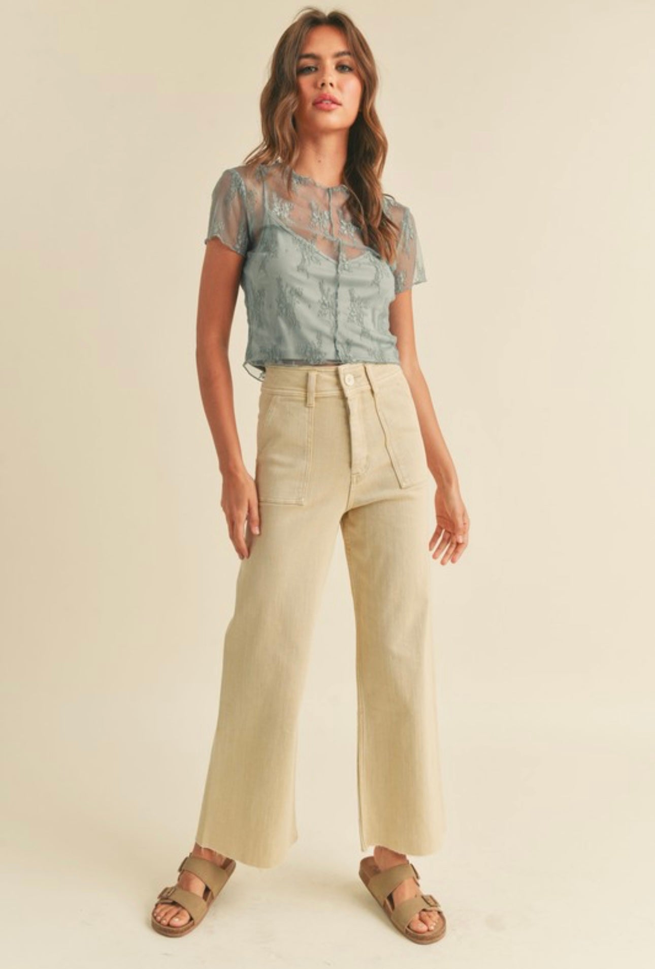 Beige Front Pocket Wide Legged Pants- Miou Muse