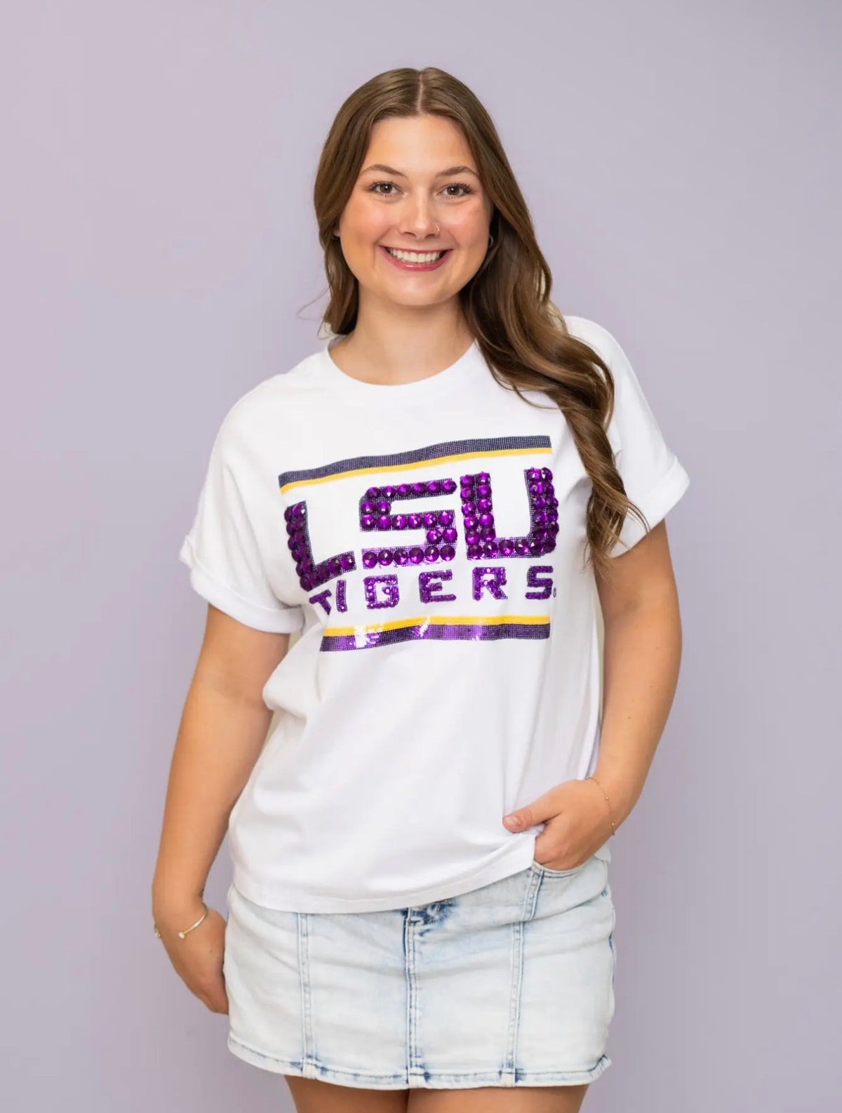 | Lsu Tigers (Licensed) | Women's Sequin + Jewel Design Cuff Sleeve (White)~Bomb Designs💜