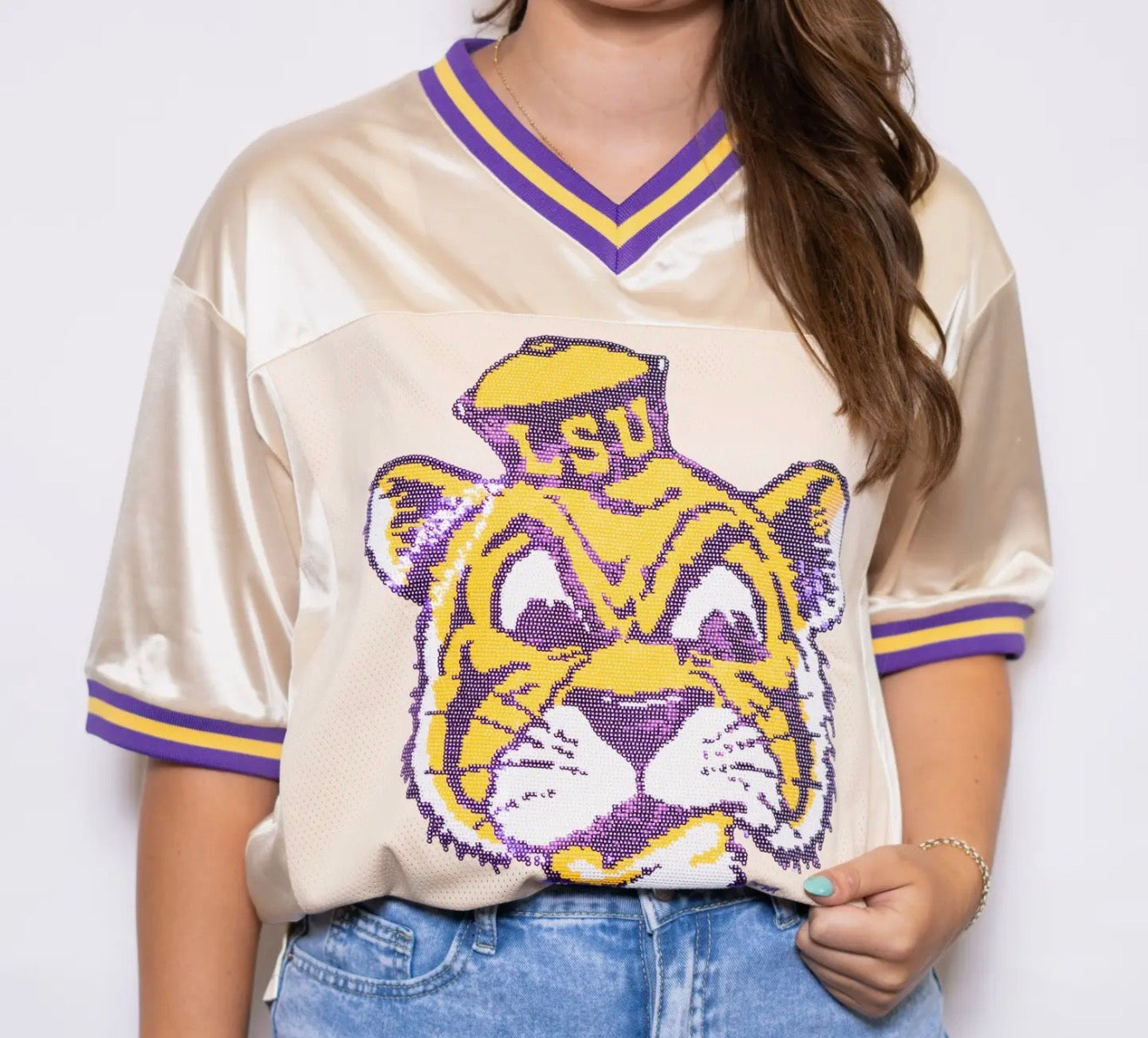 | Lsu Vintage Geaux Mike (Licensed) | Women's Sequin Design Jersey (Champagne)