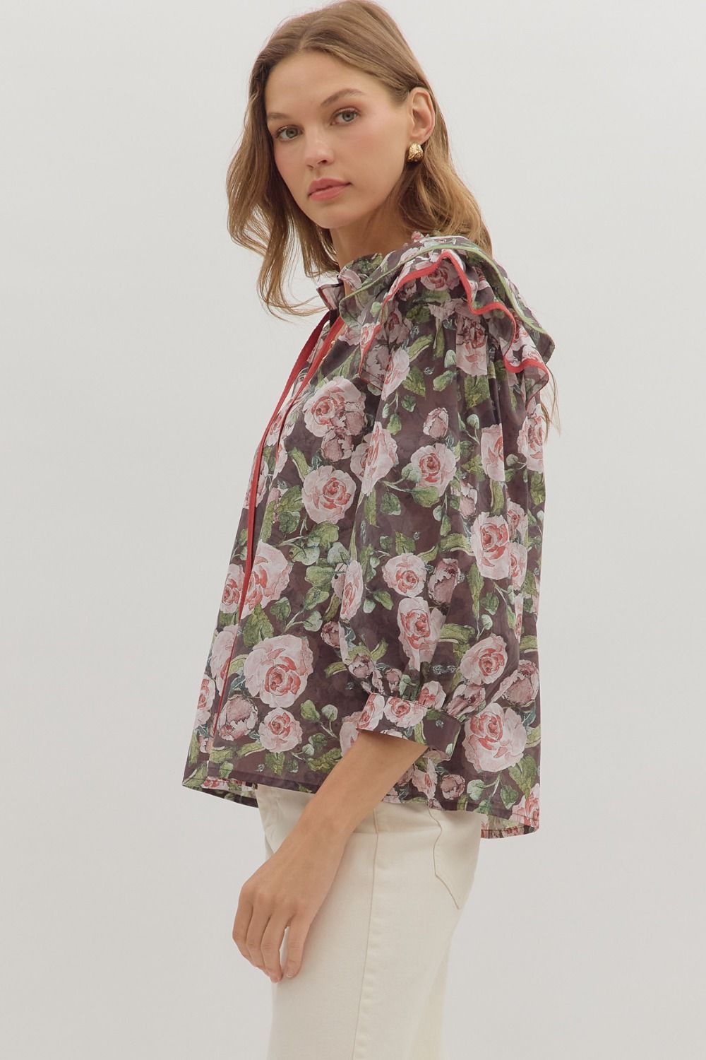 Brown Floral Ruffle Blouse