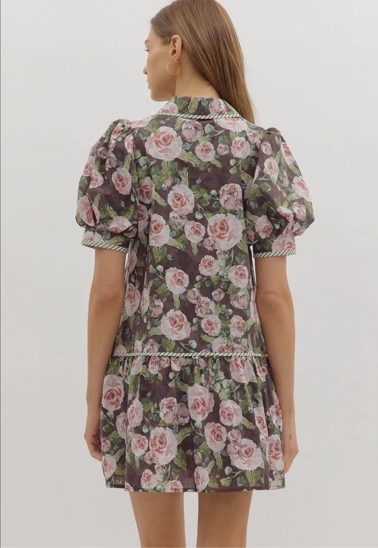 No Doubt About It Brown Floral Mini Dress-Entro