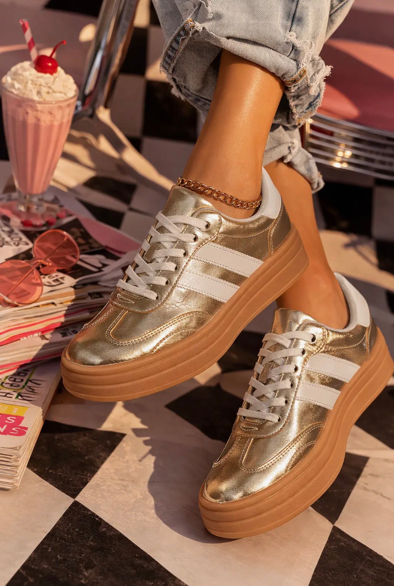 Chunky Gold Retro Stripe Gum Sole
Platform Sneaker