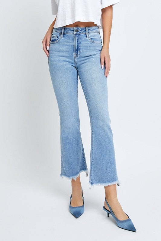 Hidden Clean Frayed Hem Stretch Crop Flare Jeans