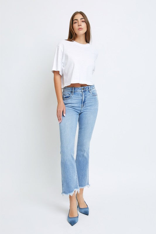 Hidden Clean Frayed Hem Stretch Crop Flare Jeans