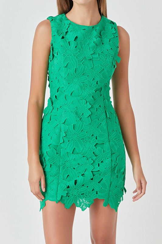Kelly Green Floral Embroidered Mini Dress