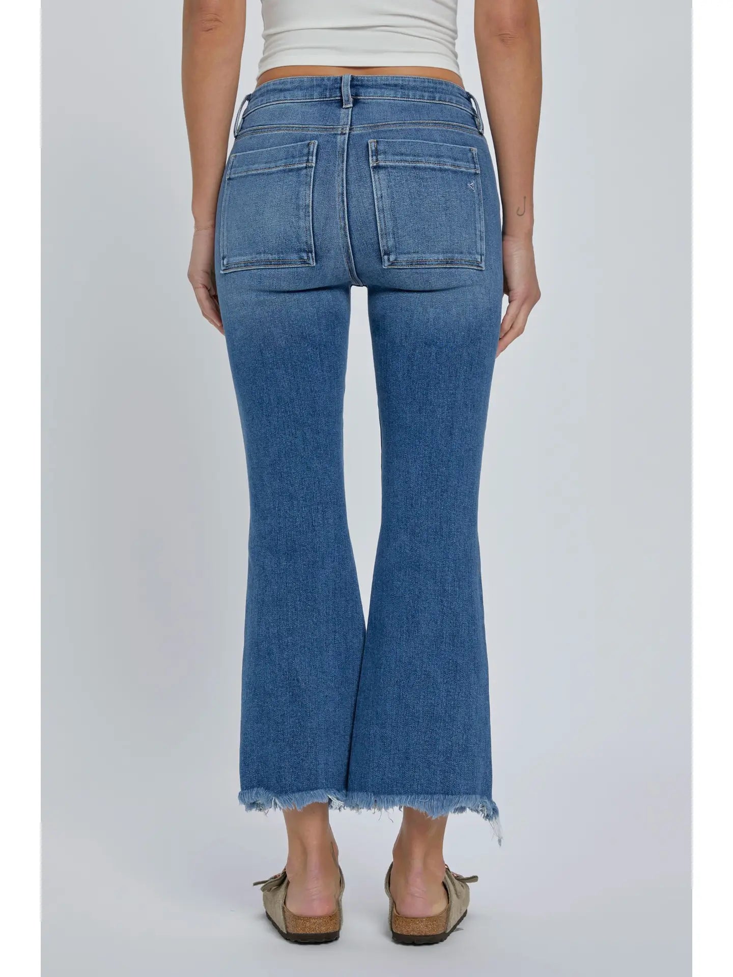 Hidden Cargo Frayed Hem Crop Flare Medium Wash