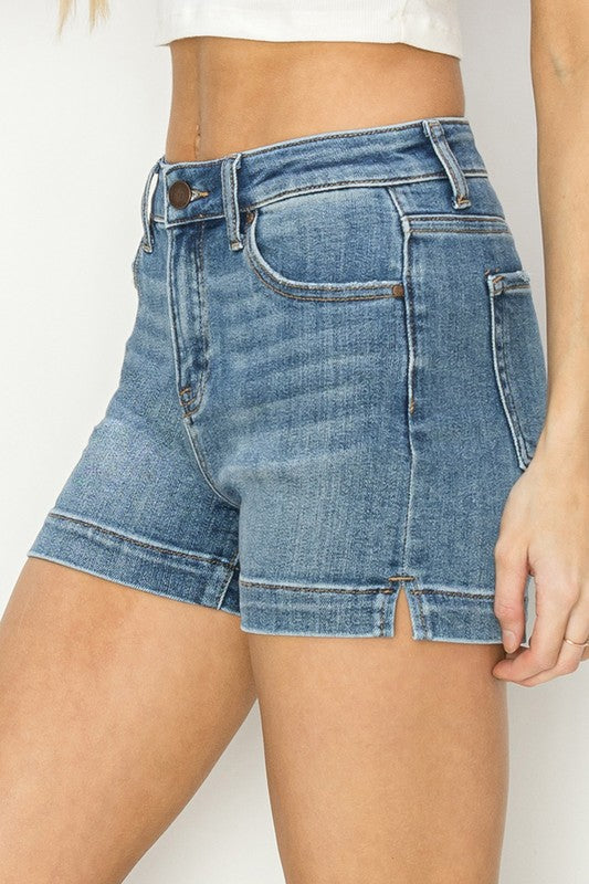 Risen High Rise Side Slit Denim Shorts