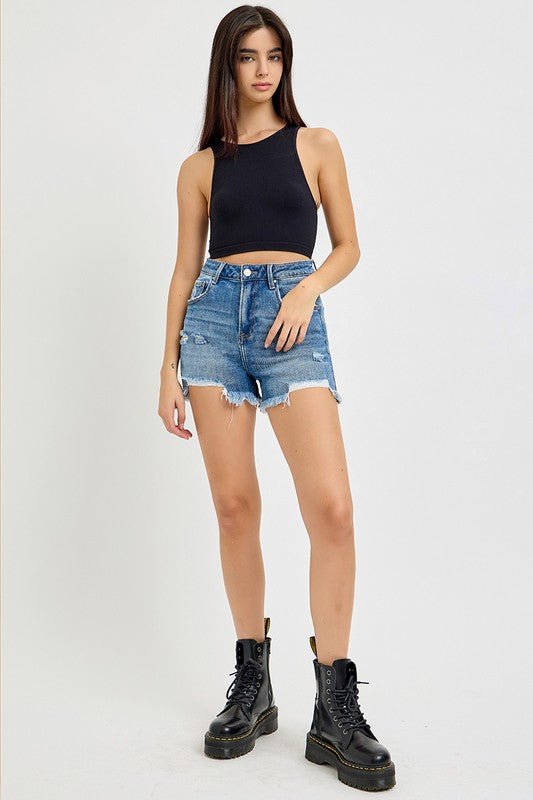 Risen High Rise Front Distressed Denim Shorts