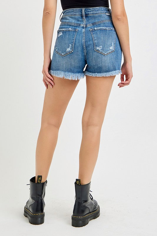 Risen High Rise Front Distressed Denim Shorts
