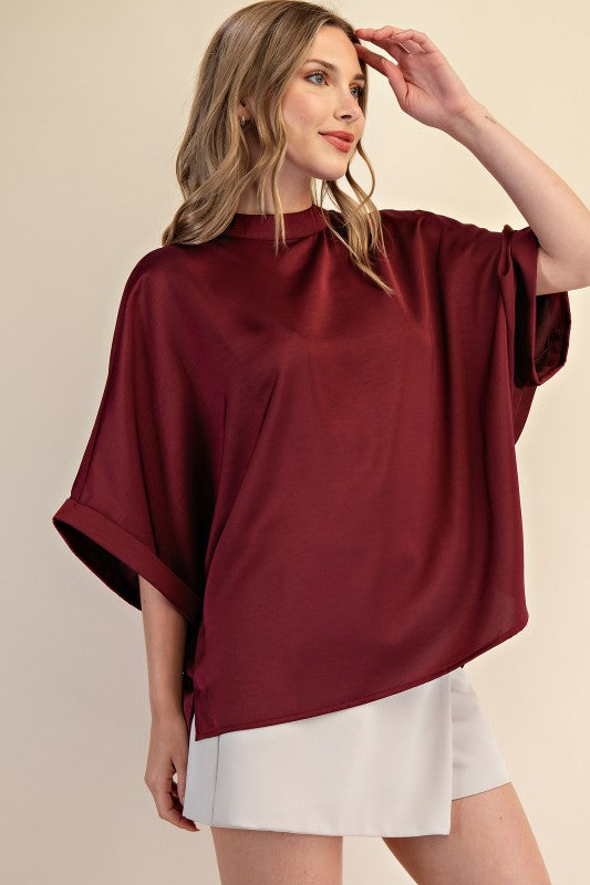 Mock Neck Oversized Top Burgundy