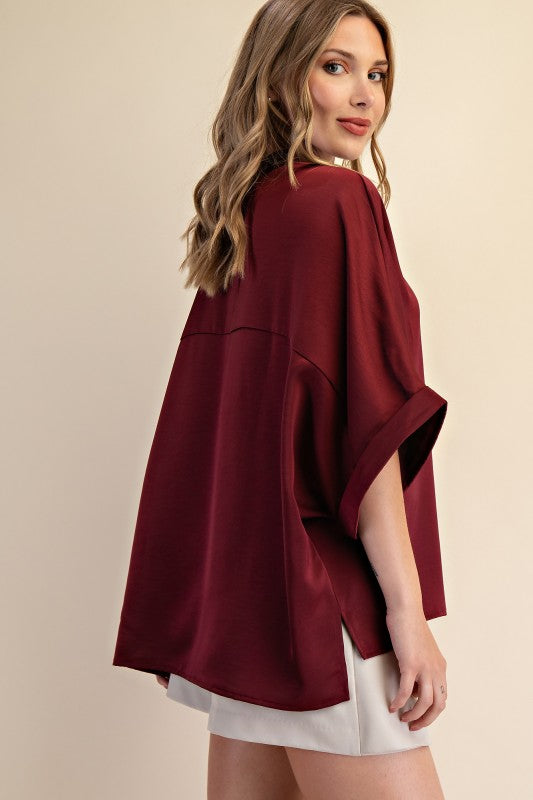 Mock Neck Oversized Top Burgundy
