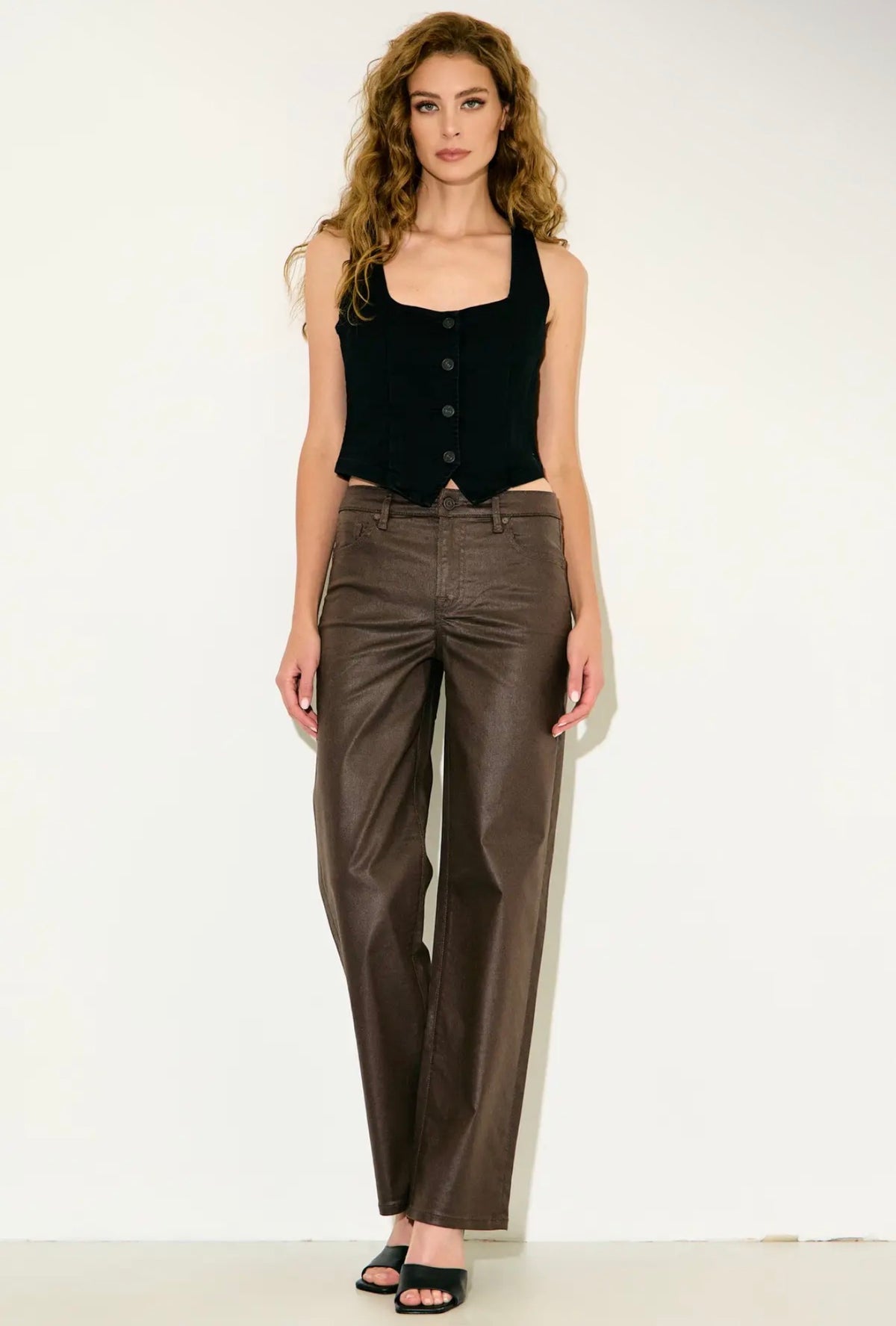 Ella High Rise Brown Coated Classic Straight Hidden Jeans ~inseam 31
