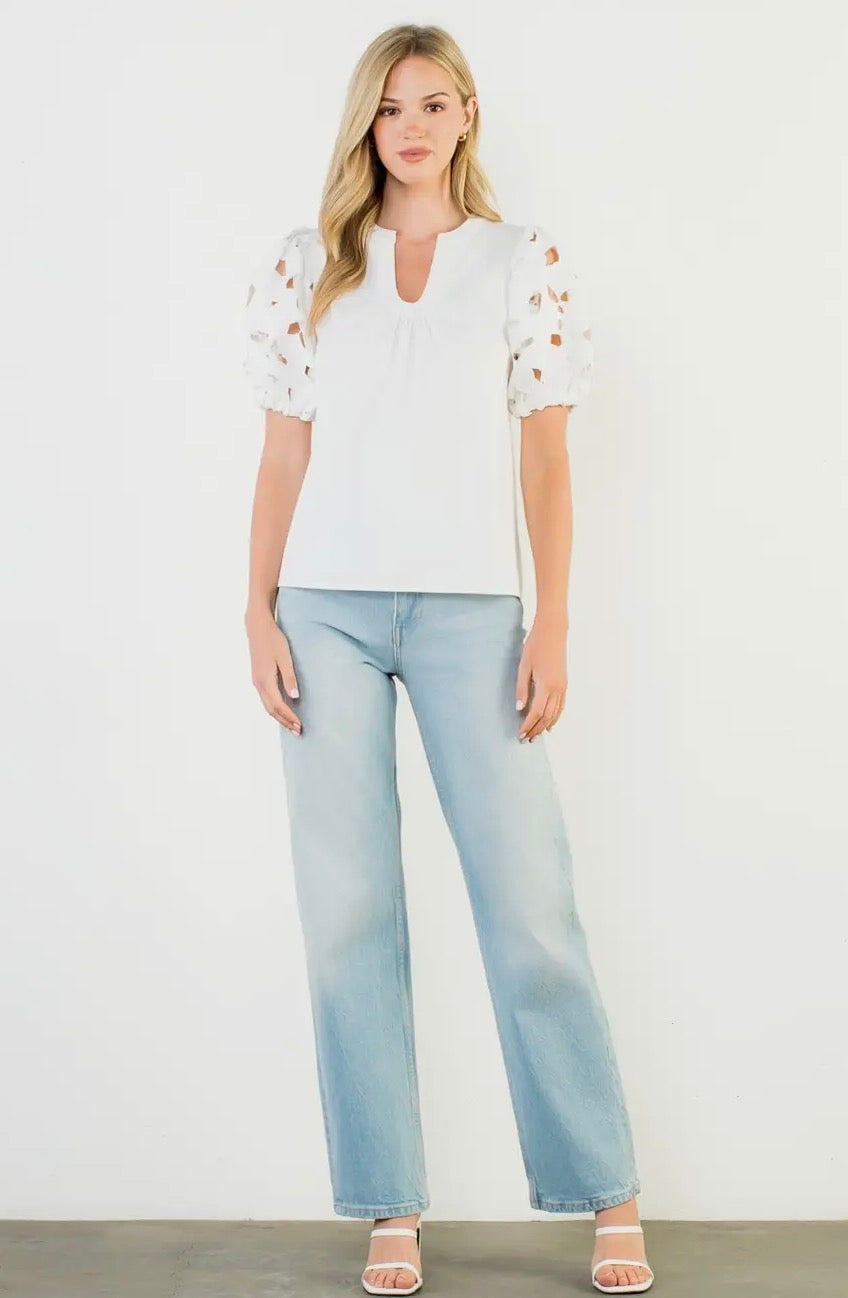 Seaside Chic Eyelet Puff Sleeve Blouse~THML