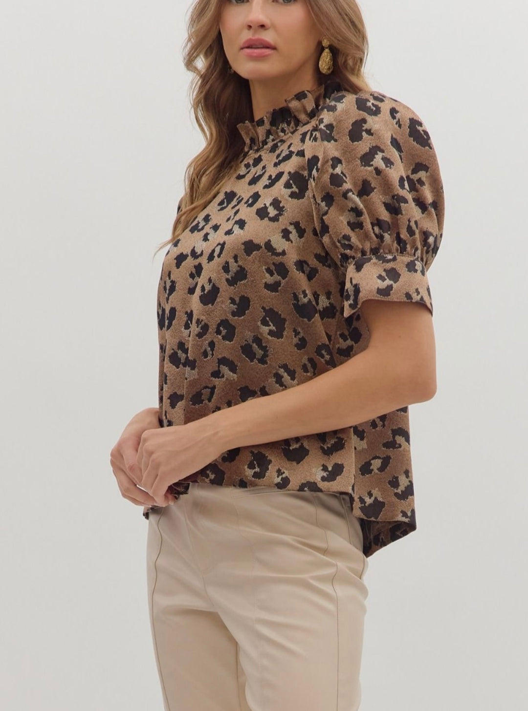 Leopard Metallic Puff Sleeve Blouse- Bronze