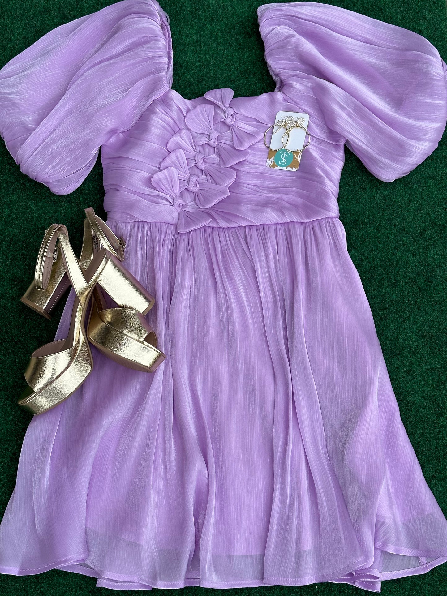 Lavender Iridescent Bubble Sleeve Bow Dress