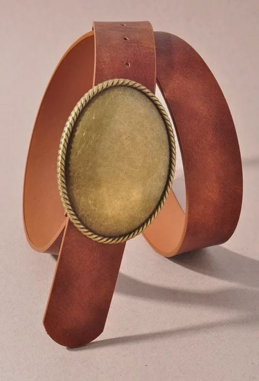 Western oval buckle, faux, leather belt cognac/gold