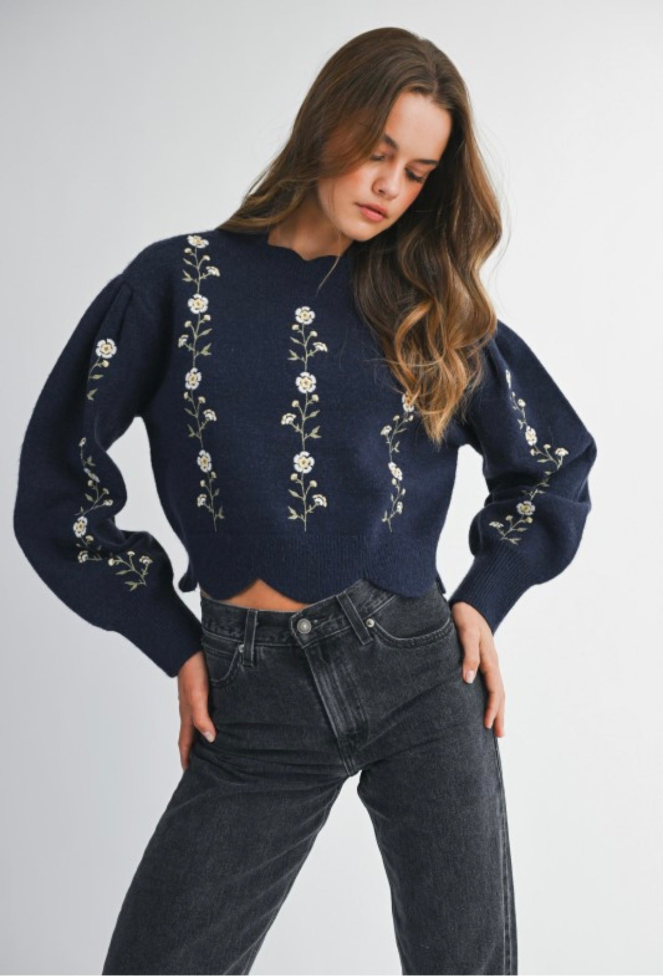 Southern Charm Embroidered Knit Sweater Navy