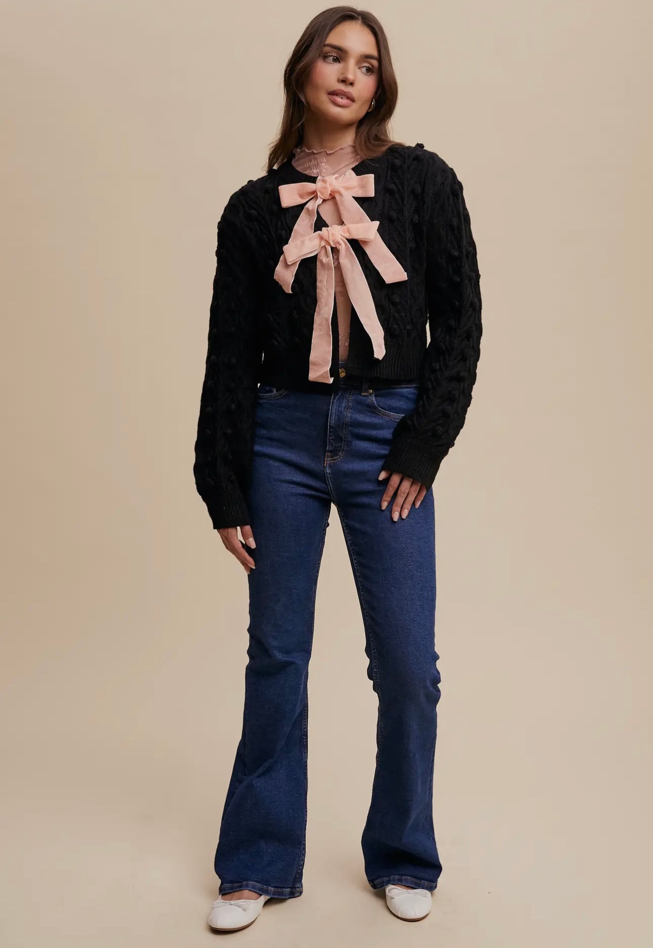 Pom Cable Knit Tie Velvet Bow Cardigan Black/Pink