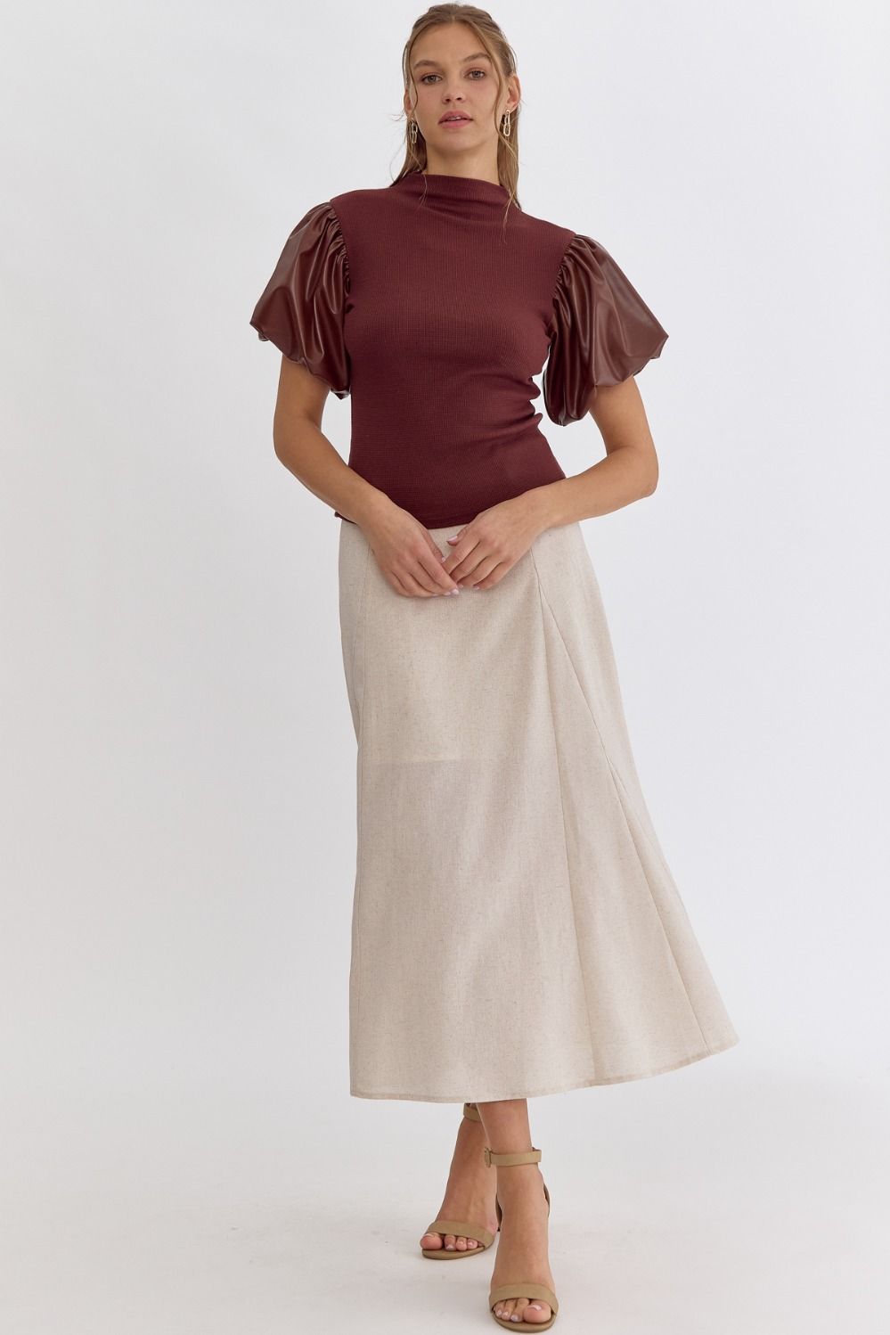 Uptown Charm~ Chocolate Waffle Knit Leather Puff Sleeve Blouse~Entro