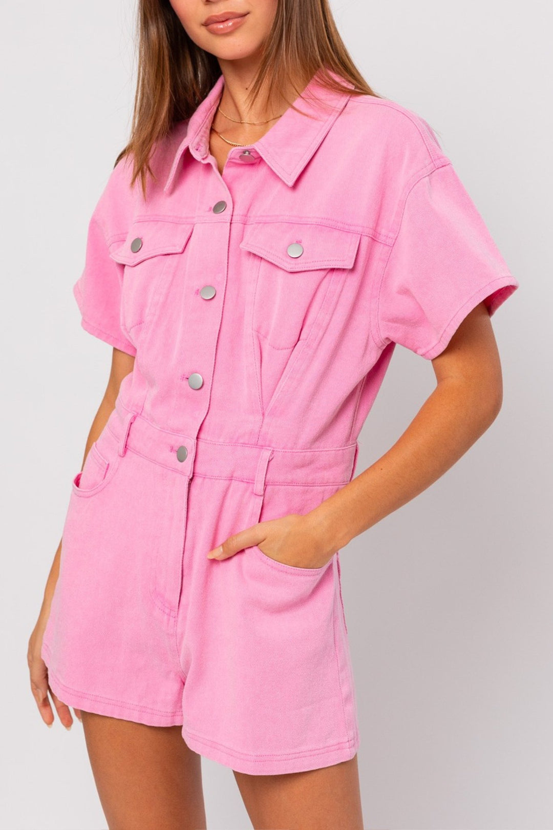 Giddy Up Pink Denim Romper