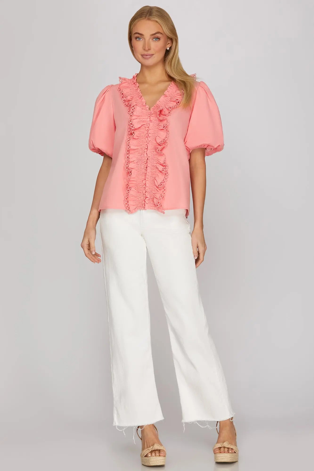 Smocked lace Ruffle Hem Blouse- Bubblegum