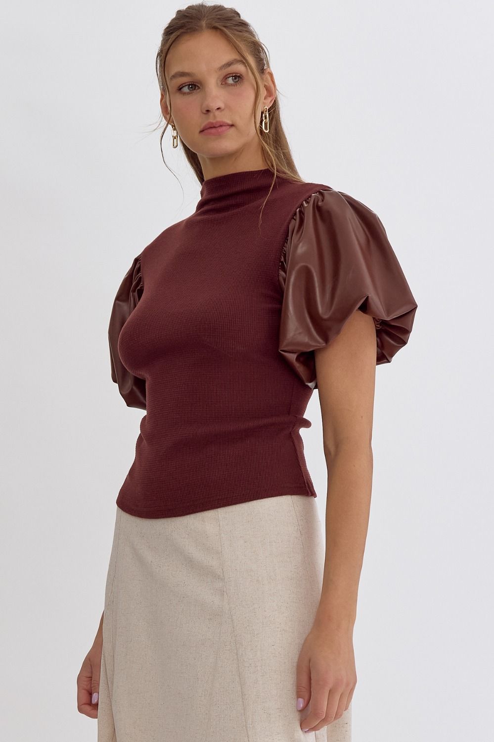 Uptown Charm~ Chocolate Waffle Knit Leather Puff Sleeve Blouse~Entro