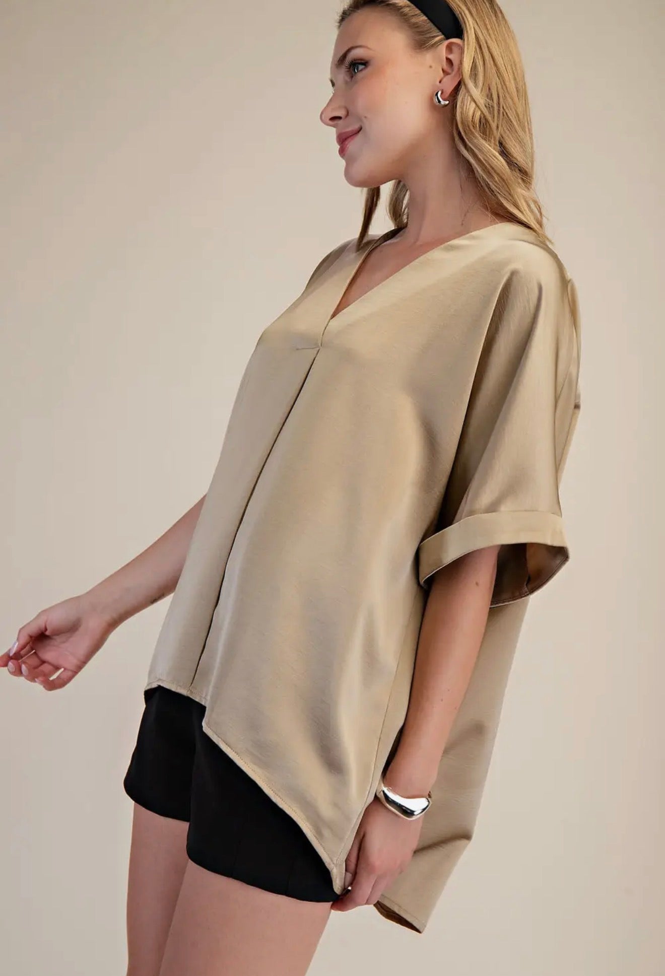 Satin V-Neck Blouse~ Taupe