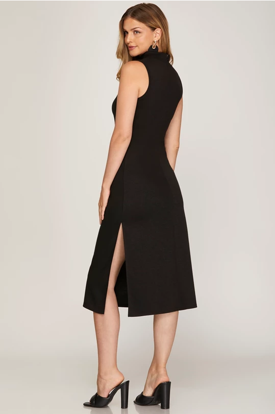 Sleeveless Mock Neck Knit Midi Dress