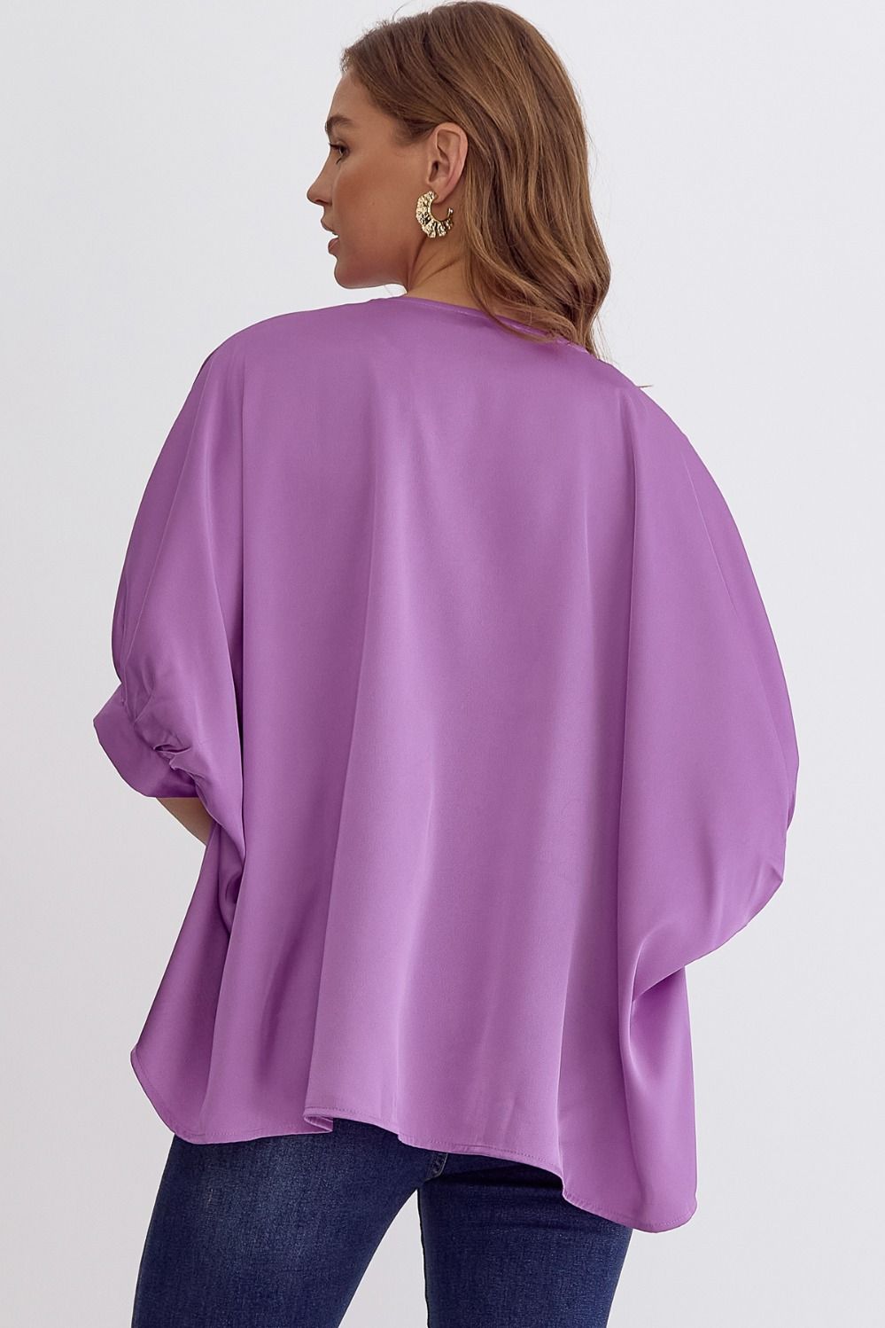 Satin V-Neck 1/2 Sleeve Top- Violet