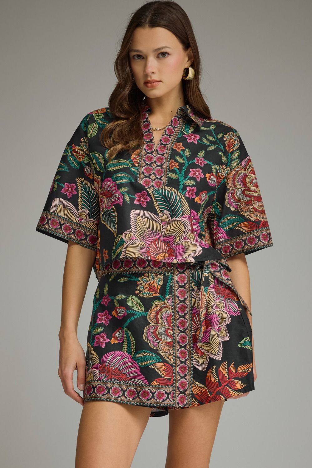 Midnight Bloom Collared Blouse & Wrap Skort Set