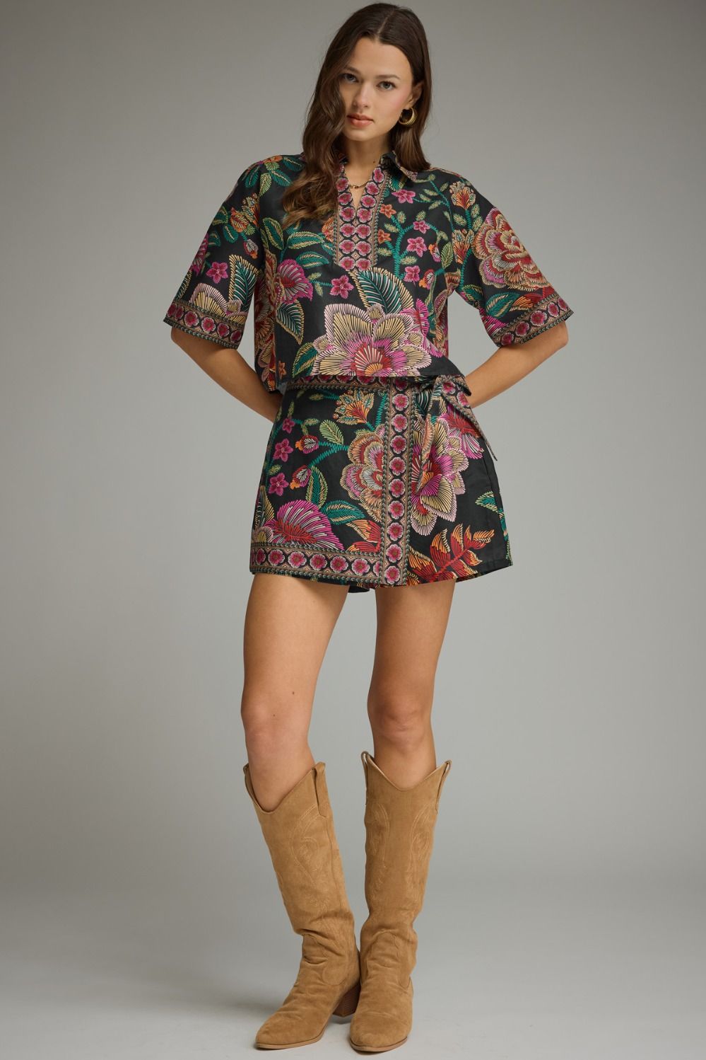 Midnight Bloom Collared Blouse & Wrap Skort Set
