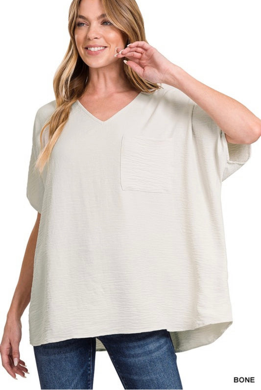 Woven V Neck Top- Bone