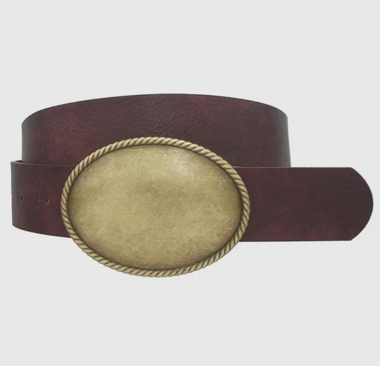 Western Oval Buckle, Faux, Leather Belt-Wine