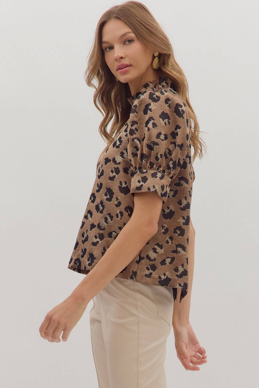 Leopard Metallic Puff Sleeve Blouse- Bronze