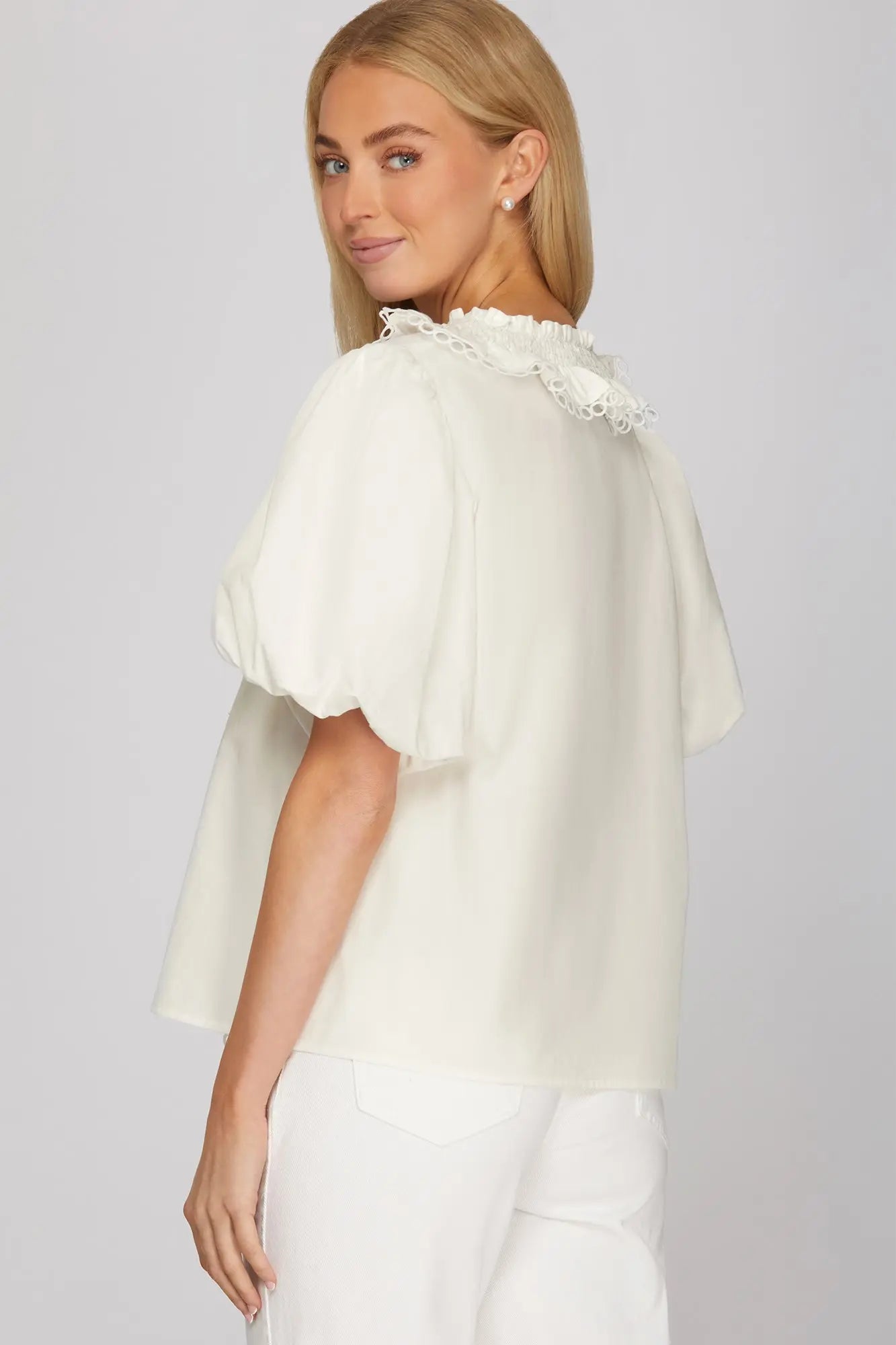 Smocked lace Ruffle Hem Blouse- Ivory