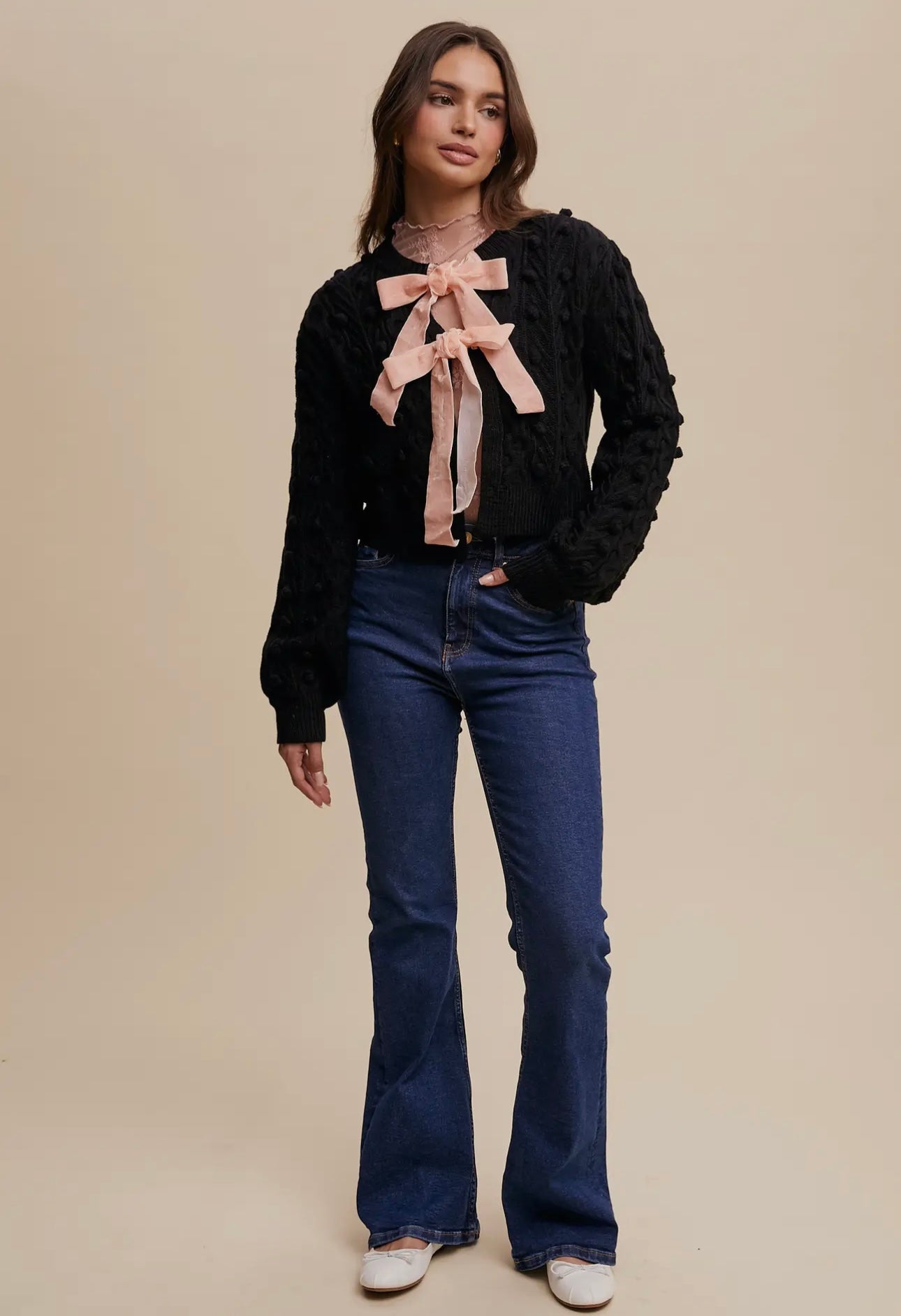 Pom Cable Knit Tie Velvet Bow Cardigan Black/Pink