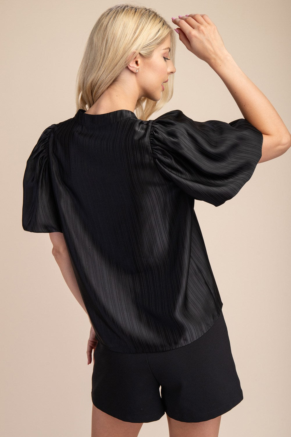 Ruffle V-Neck Puff Sleeve Blouse-Black