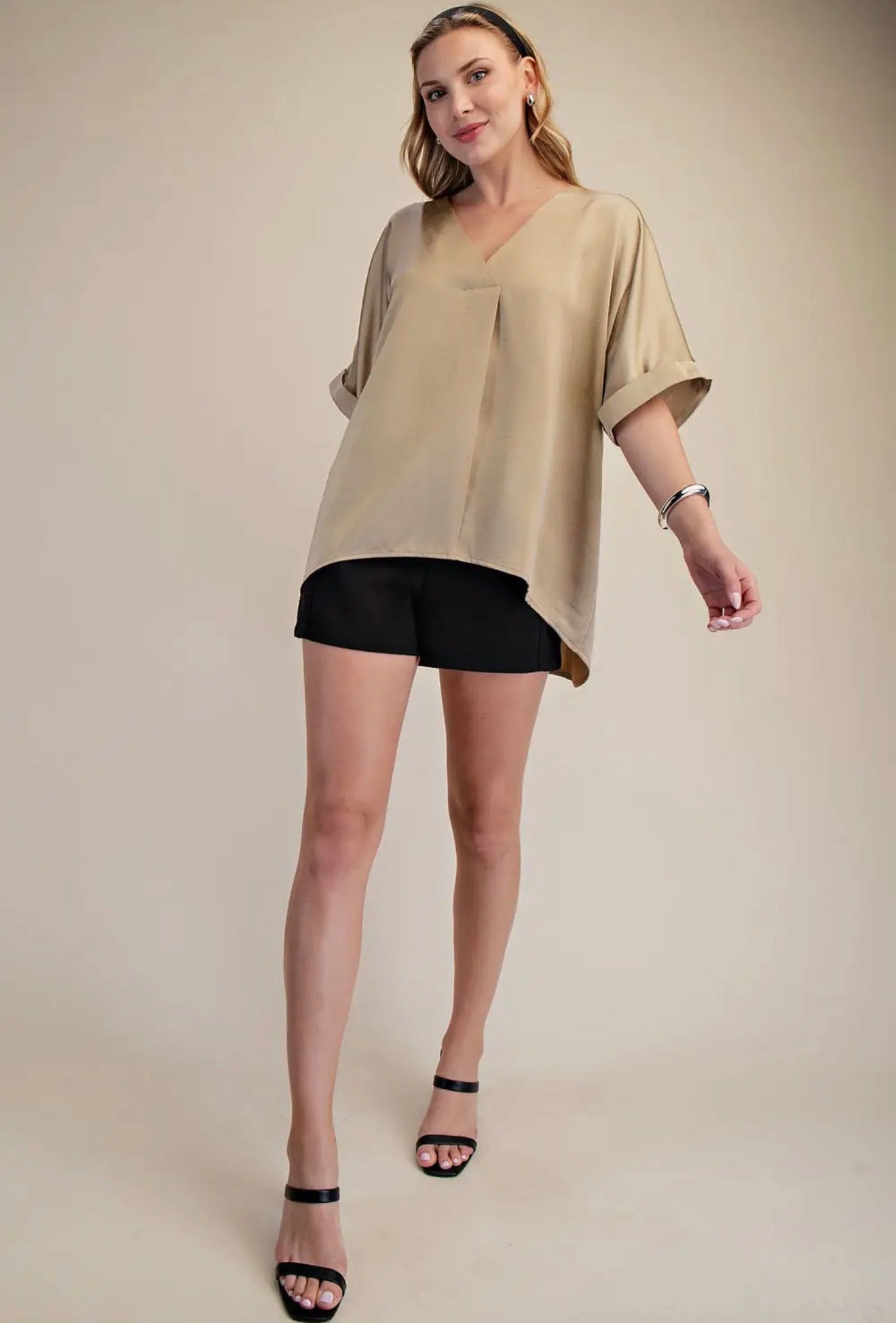 Satin V-Neck Blouse~ Taupe