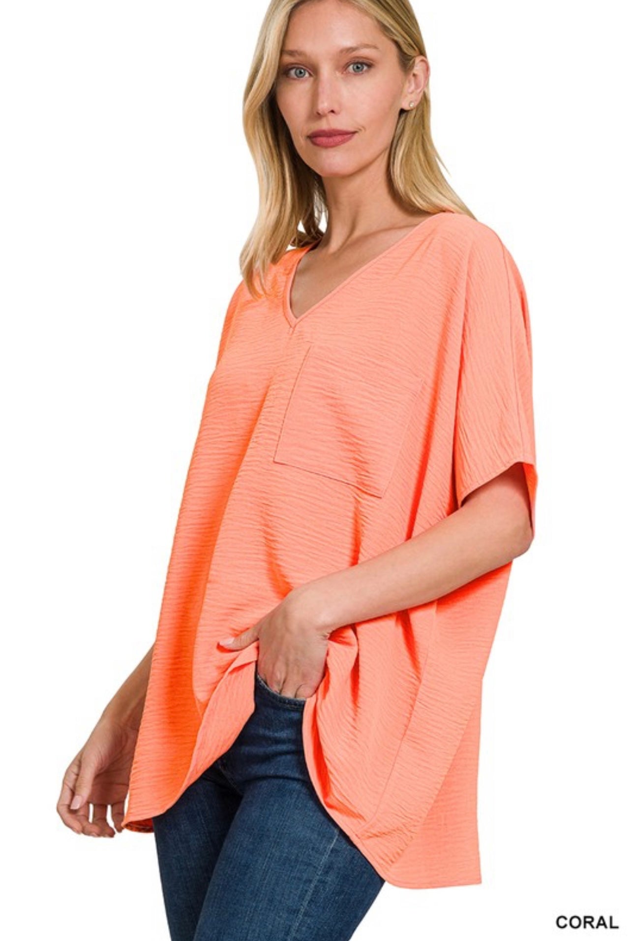 Woven V Neck Top- Coral