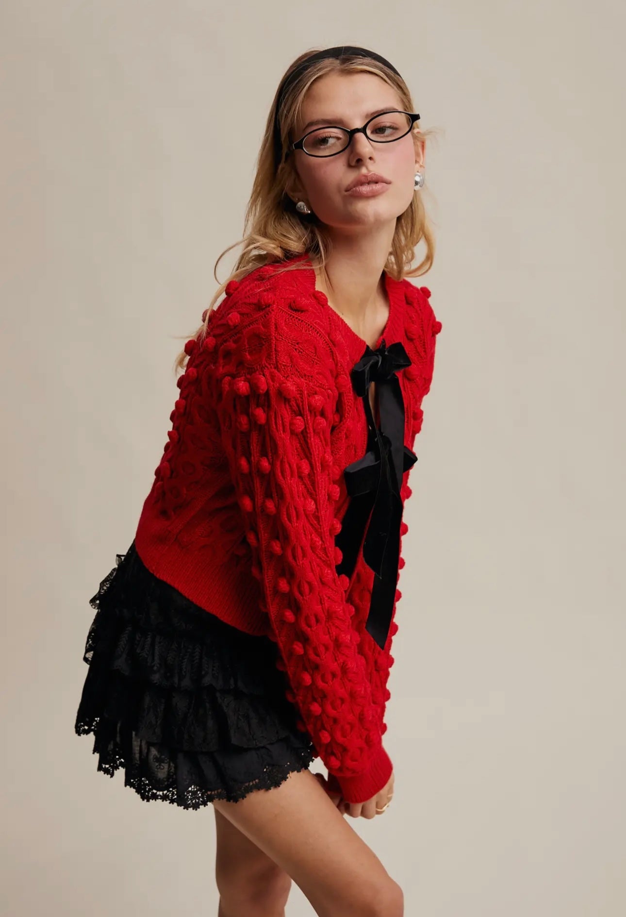 Pom Cable Knit Tie Velvet Bow Cardigan Red/Black