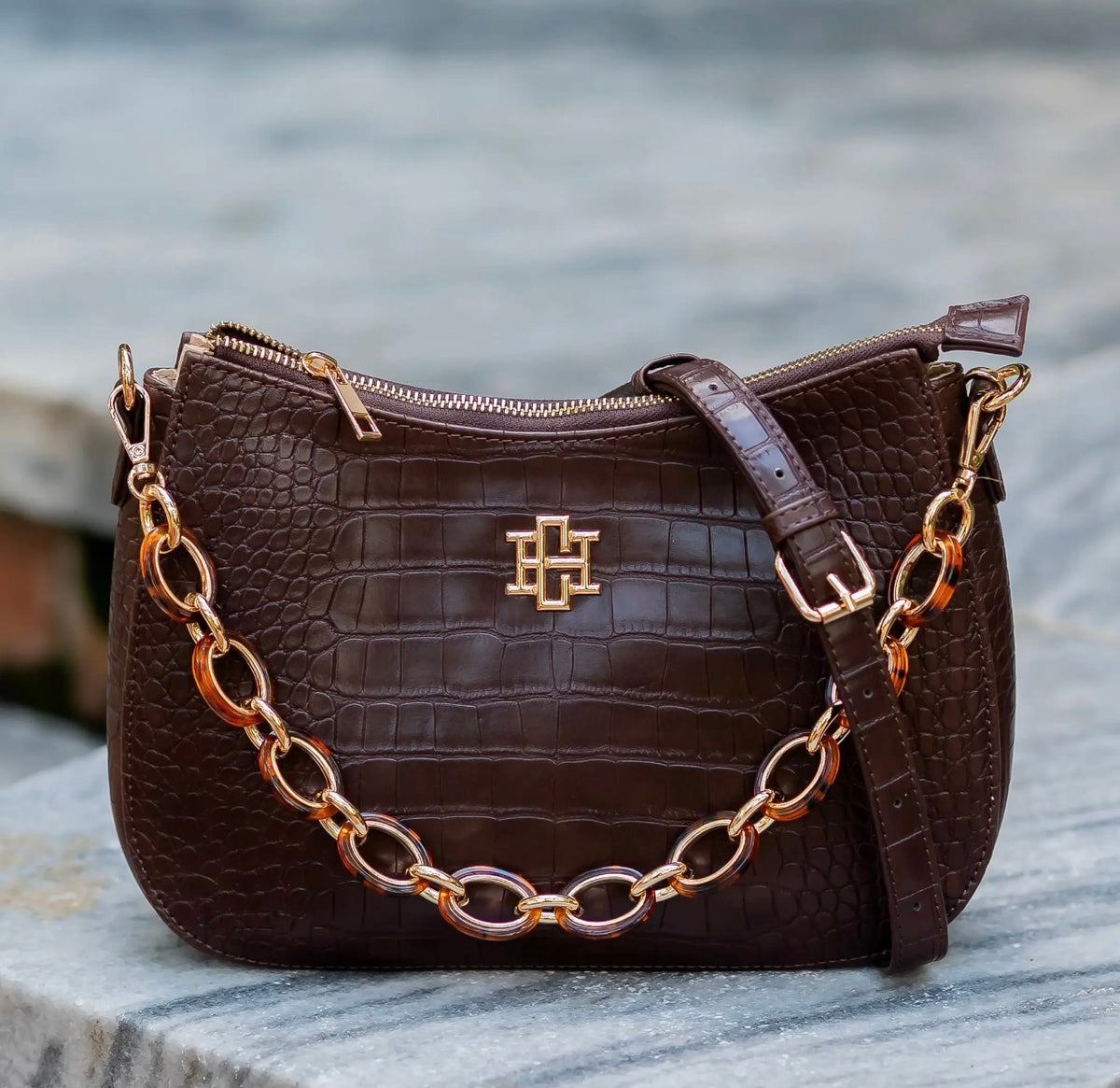 Charlee Chocolate Croc-Embossed Vegan Leather Crossbody~Caroline Hill