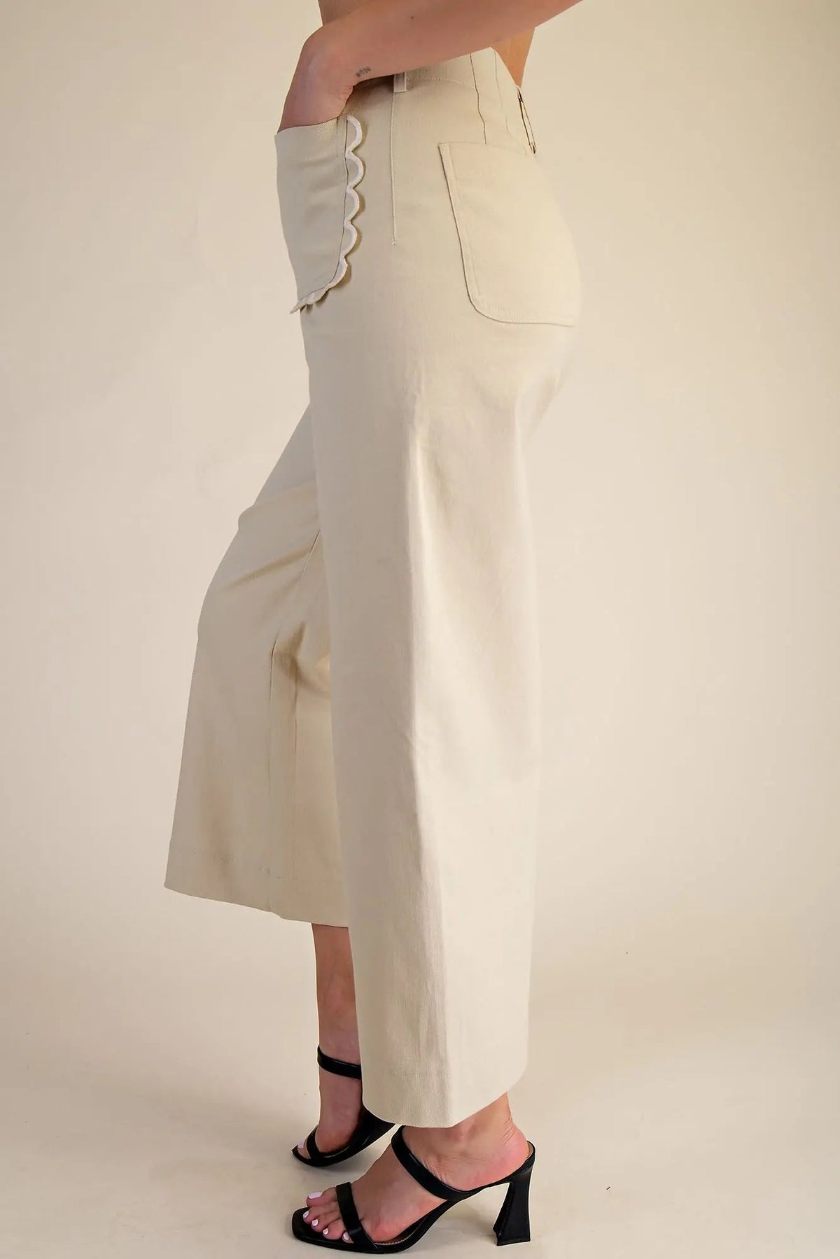 Wide~Leg Scalloped Pocket Detail Pants~Taupe
